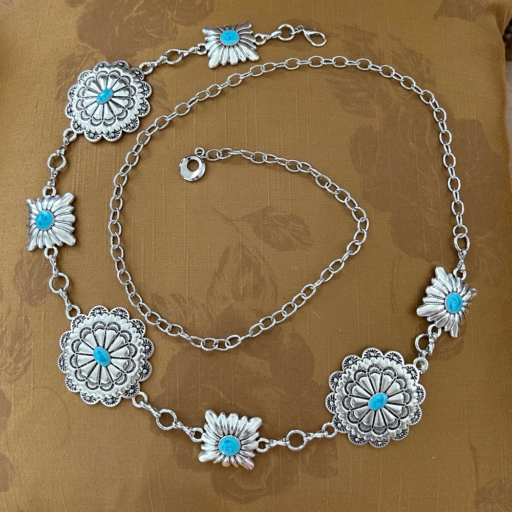 Concho Silver Toned Faux Blue Swirl Stone Large Round Square Belt Adjustable New